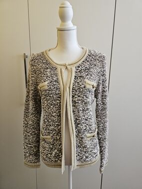 Moon River Cream and blk Bouclé Open-Front Cardigan with Trim